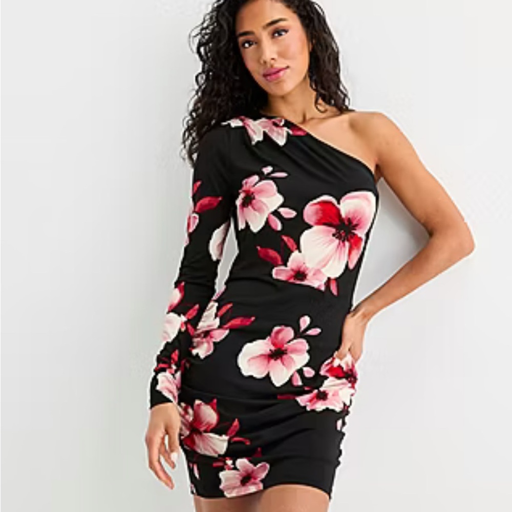 BOLD ELEMENTS One Shoulder Floral Body-con Dress